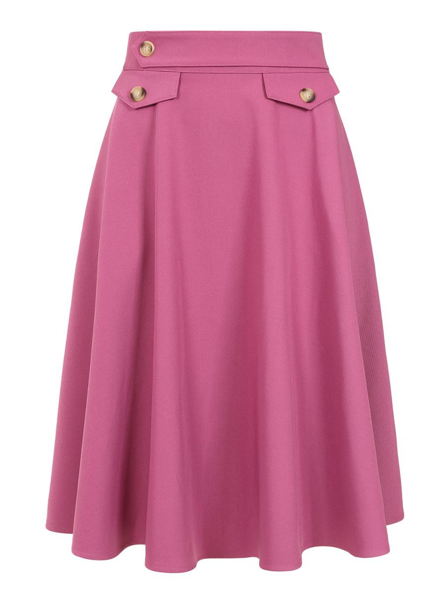 Banned Retro Book Club Swing Skirt with Button and faux flap pocket details-Pink