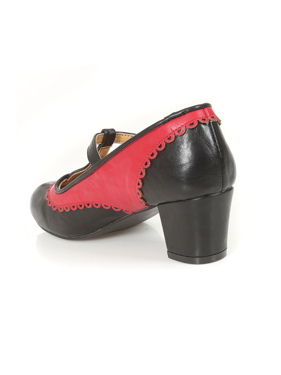 Vintage Voyager Banned Pumps - Retro-Inspired T-Strap Two-Tone Mary Janes With Distressed PU Upper-Red/Black