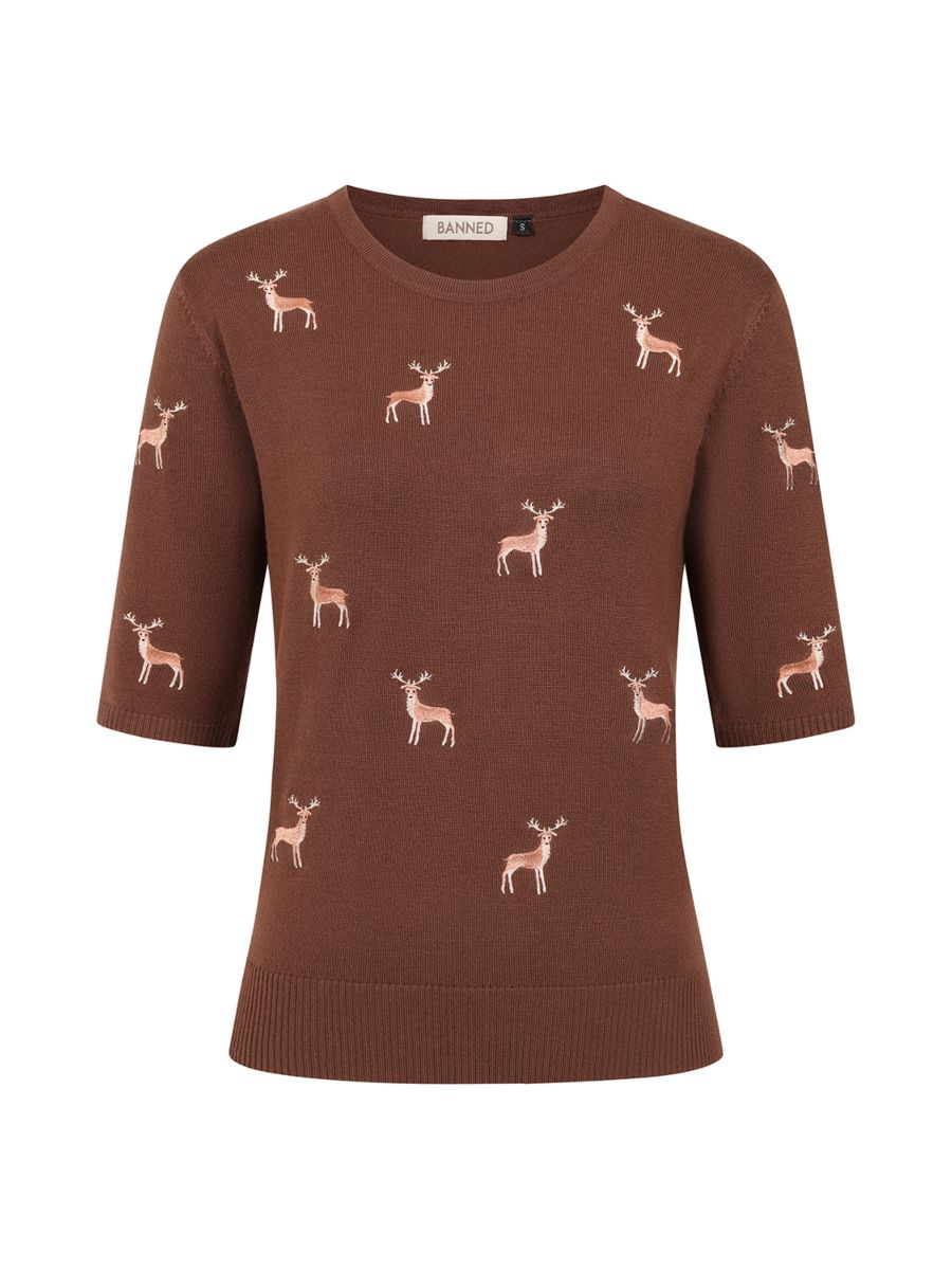 1950's Banned Ruby Sweet Deer Jumper - Vintage Style Reindeer Pattern Knit Sweater-Brown
