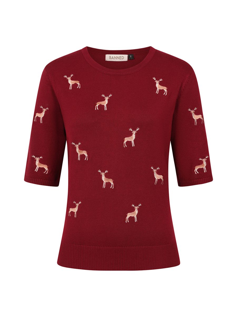 1950's Banned Ruby Sweet Deer Jumper - Vintage Style Reindeer Pattern Knit Sweater-Burgundy