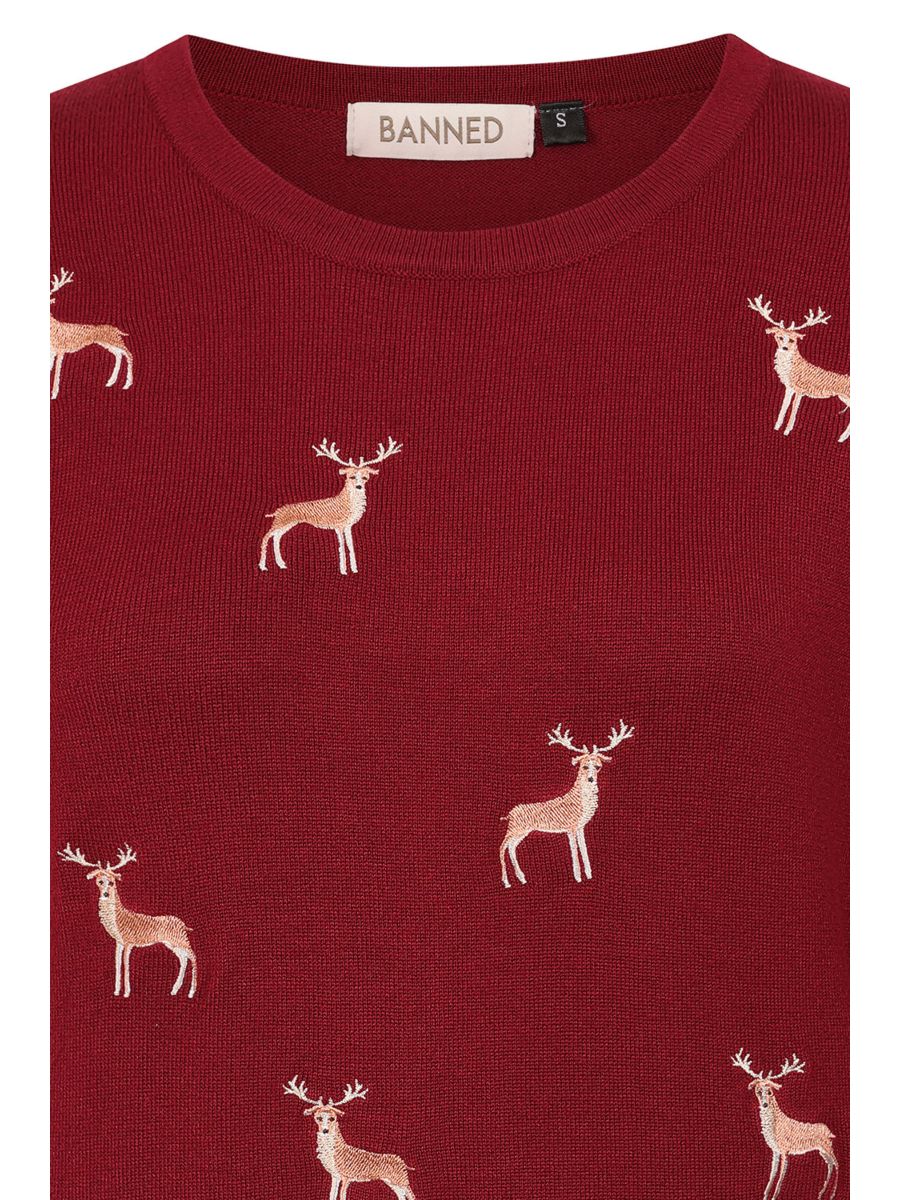 1950's Banned Ruby Sweet Deer Jumper - Vintage Style Reindeer Pattern Knit Sweater-Burgundy