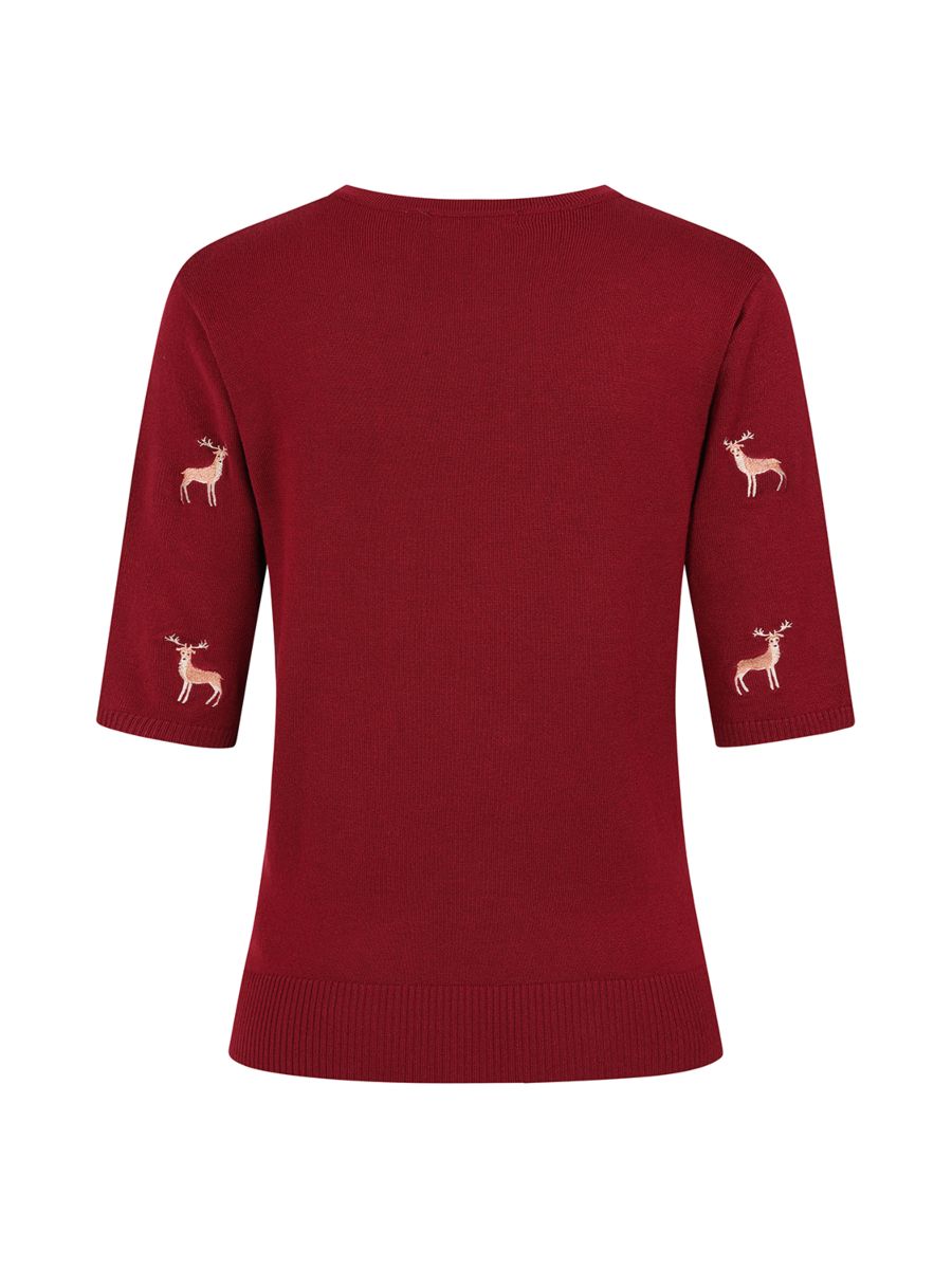 1950's Banned Ruby Sweet Deer Jumper - Vintage Style Reindeer Pattern Knit Sweater-Burgundy