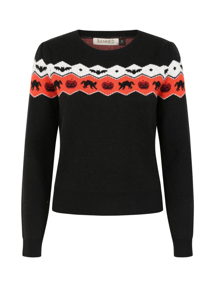 Banned Cindy Halloween Cat Jumper - Retro Style Pumpkin Fair Isle Sweater-Black