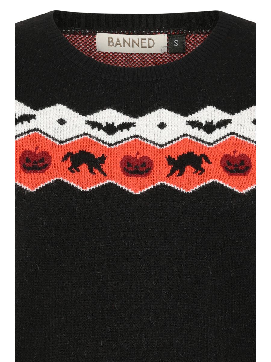 Banned Cindy Halloween Cat Jumper - Retro Style Pumpkin Fair Isle Sweater-Black