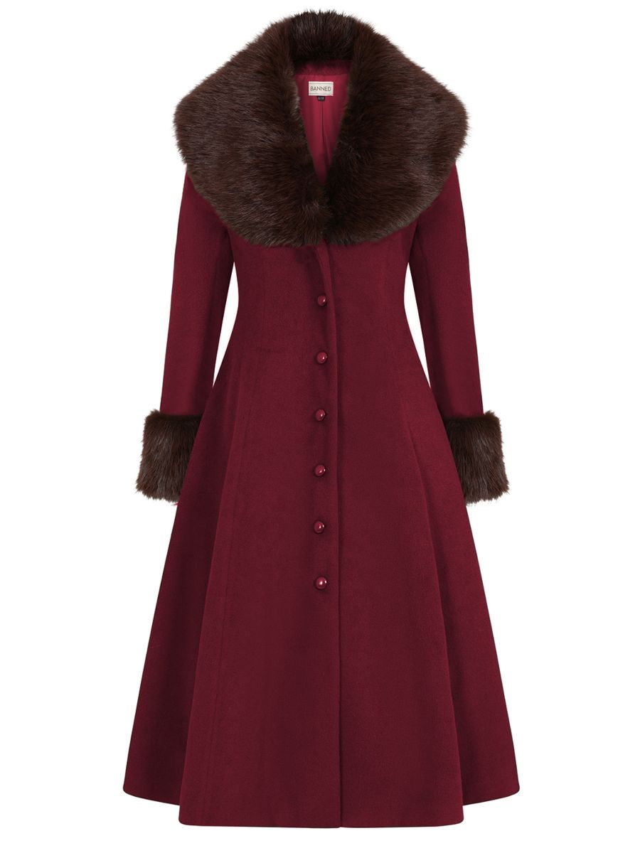 Banned Martha Fur Trim Swing Coat - 50s Style Faux Fur Collar Coat-Burgundy