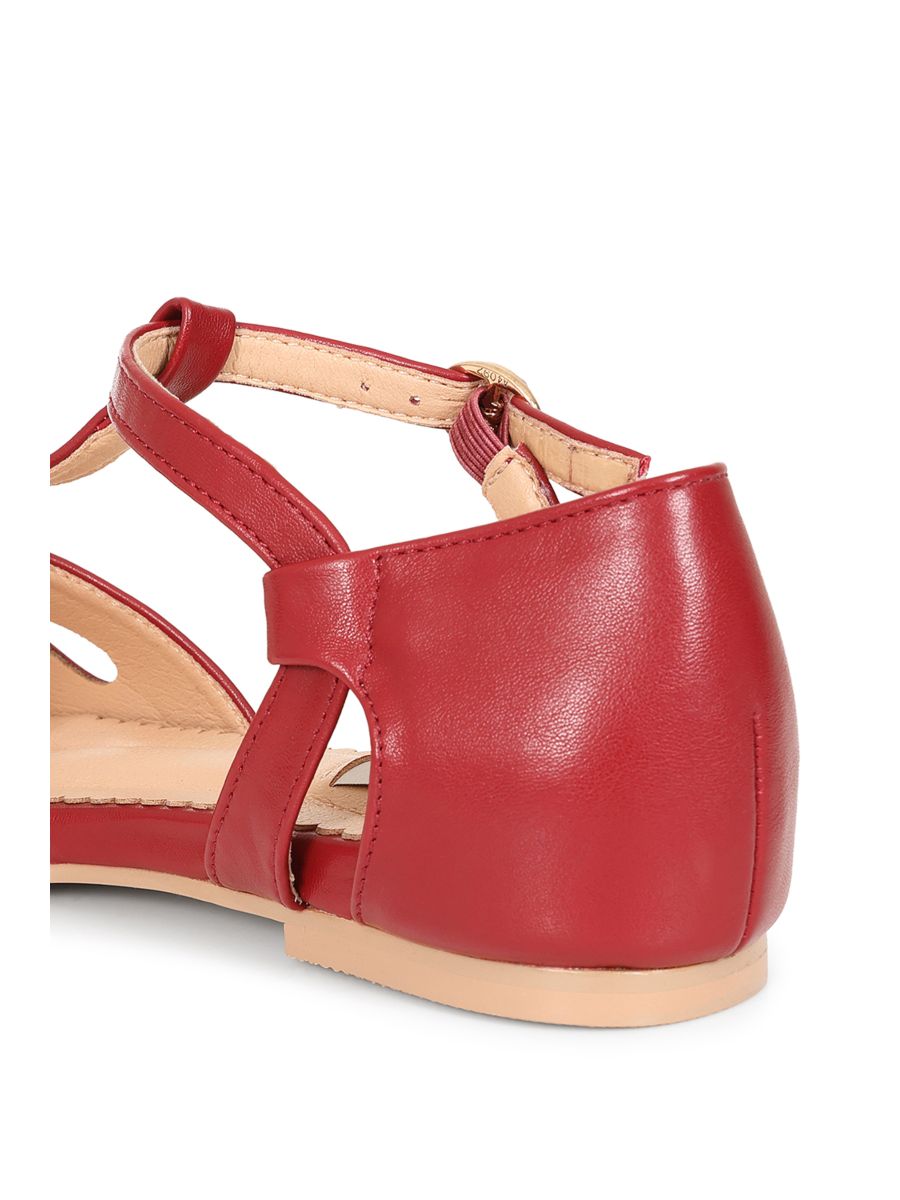 BANNED Retro Secret Love Dapper Sandals Vintage T-Bar Flats With Cut-Out Hearts In Vegan Faux Leather-Burgundy
