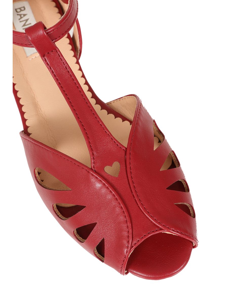 BANNED Retro Secret Love Dapper Sandals Vintage T-Bar Flats With Cut-Out Hearts In Vegan Faux Leather-Burgundy