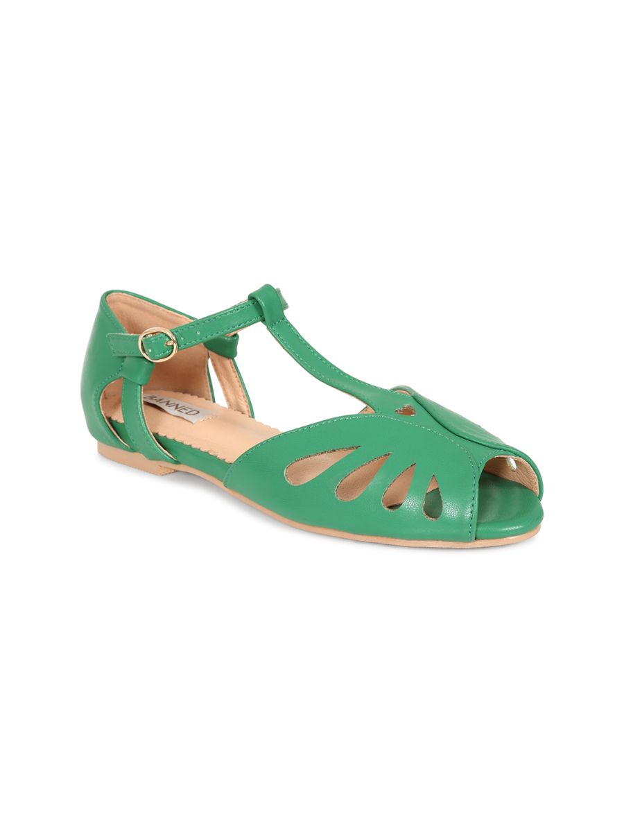 BANNED Retro Secret Love Dapper Sandals Vintage T-Bar Flats With Cut-Out Hearts In Vegan Faux Leather-Green