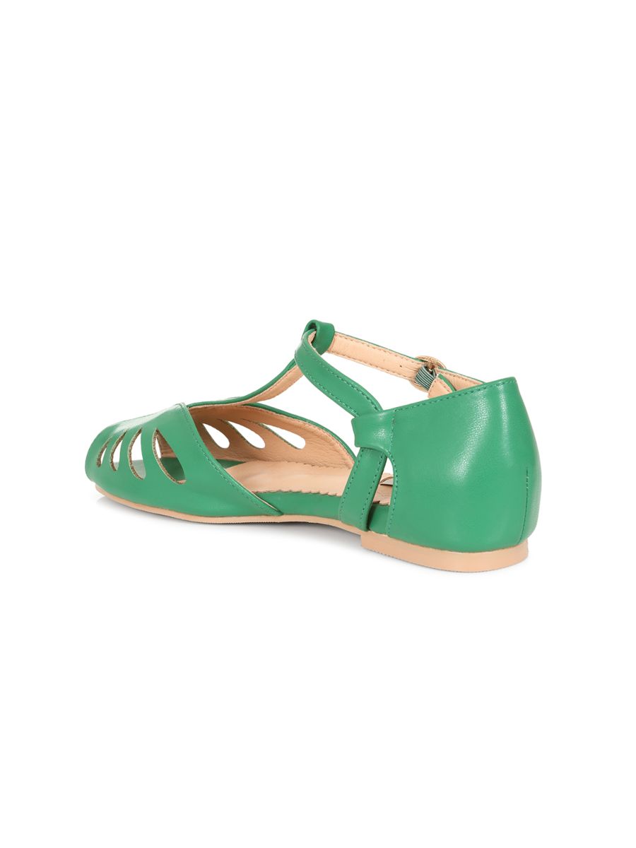 BANNED Retro Secret Love Dapper Sandals Vintage T-Bar Flats With Cut-Out Hearts In Vegan Faux Leather-Green