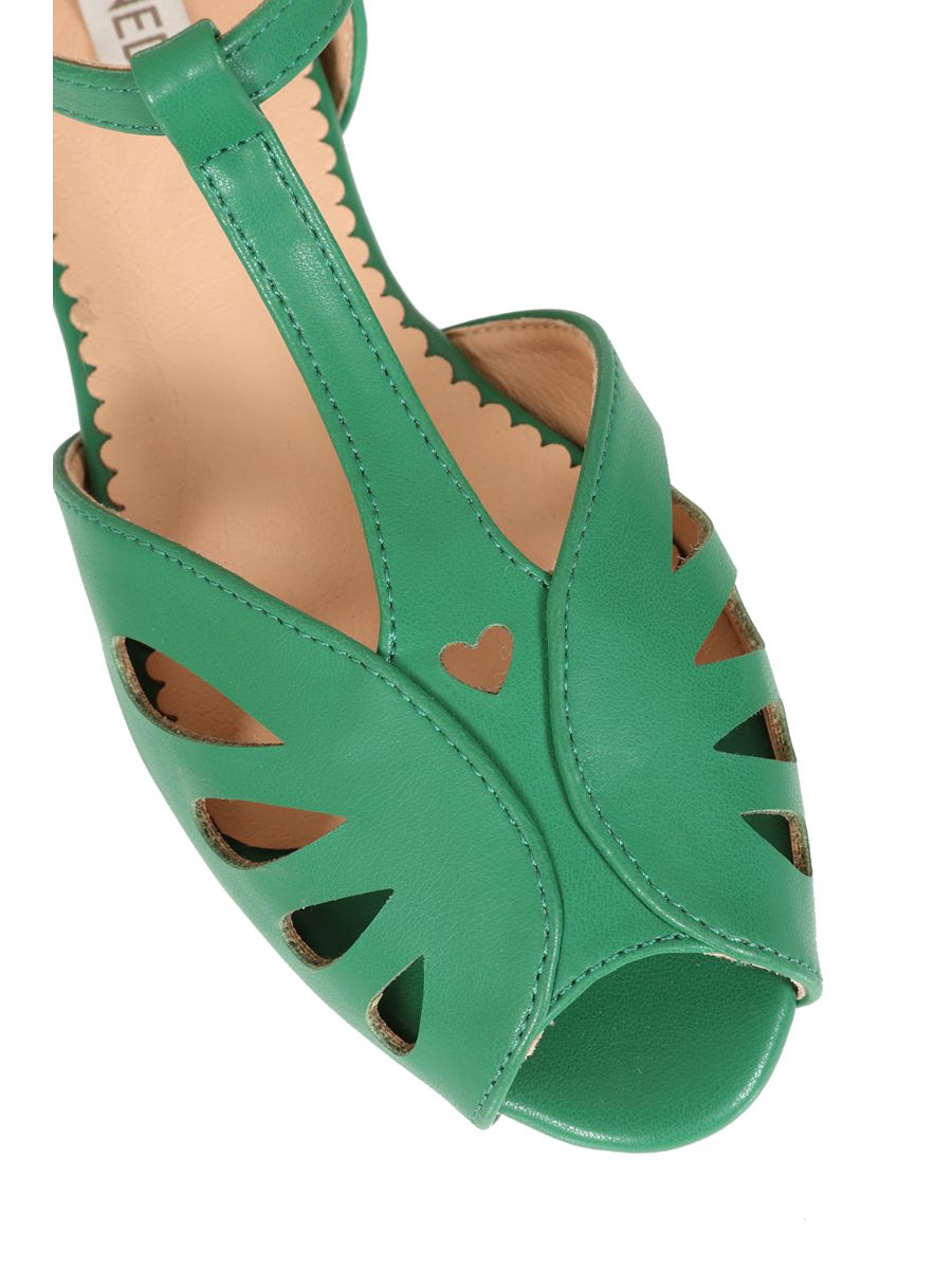 BANNED Retro Secret Love Dapper Sandals Vintage T-Bar Flats With Cut-Out Hearts In Vegan Faux Leather-Green