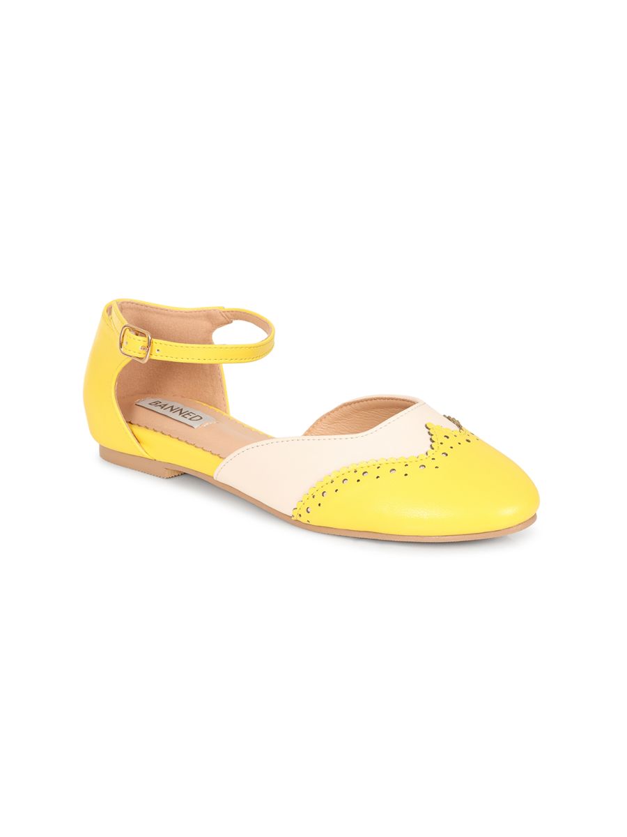 BANNED Retro Dapper Dancemates Flats Retro Two-Tone Brogue Sandals With Hidden Wedge & Ankle Strap-Yellow