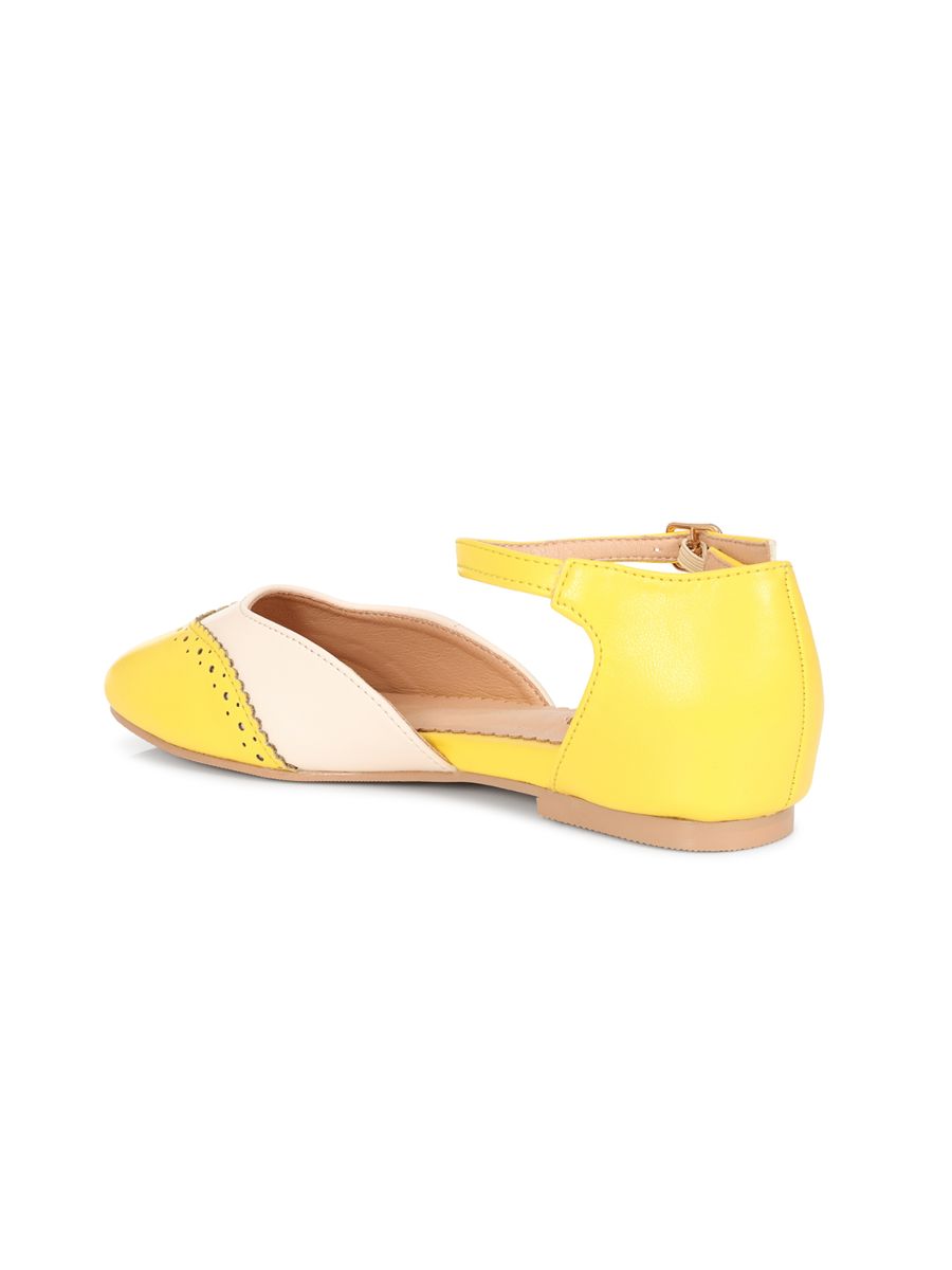 BANNED Retro Dapper Dancemates Flats Retro Two-Tone Brogue Sandals With Hidden Wedge & Ankle Strap-Yellow