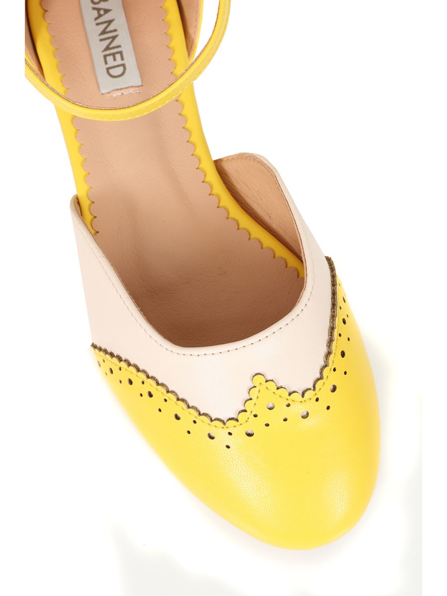 BANNED Retro Dapper Dancemates Flats Retro Two-Tone Brogue Sandals With Hidden Wedge & Ankle Strap-Yellow