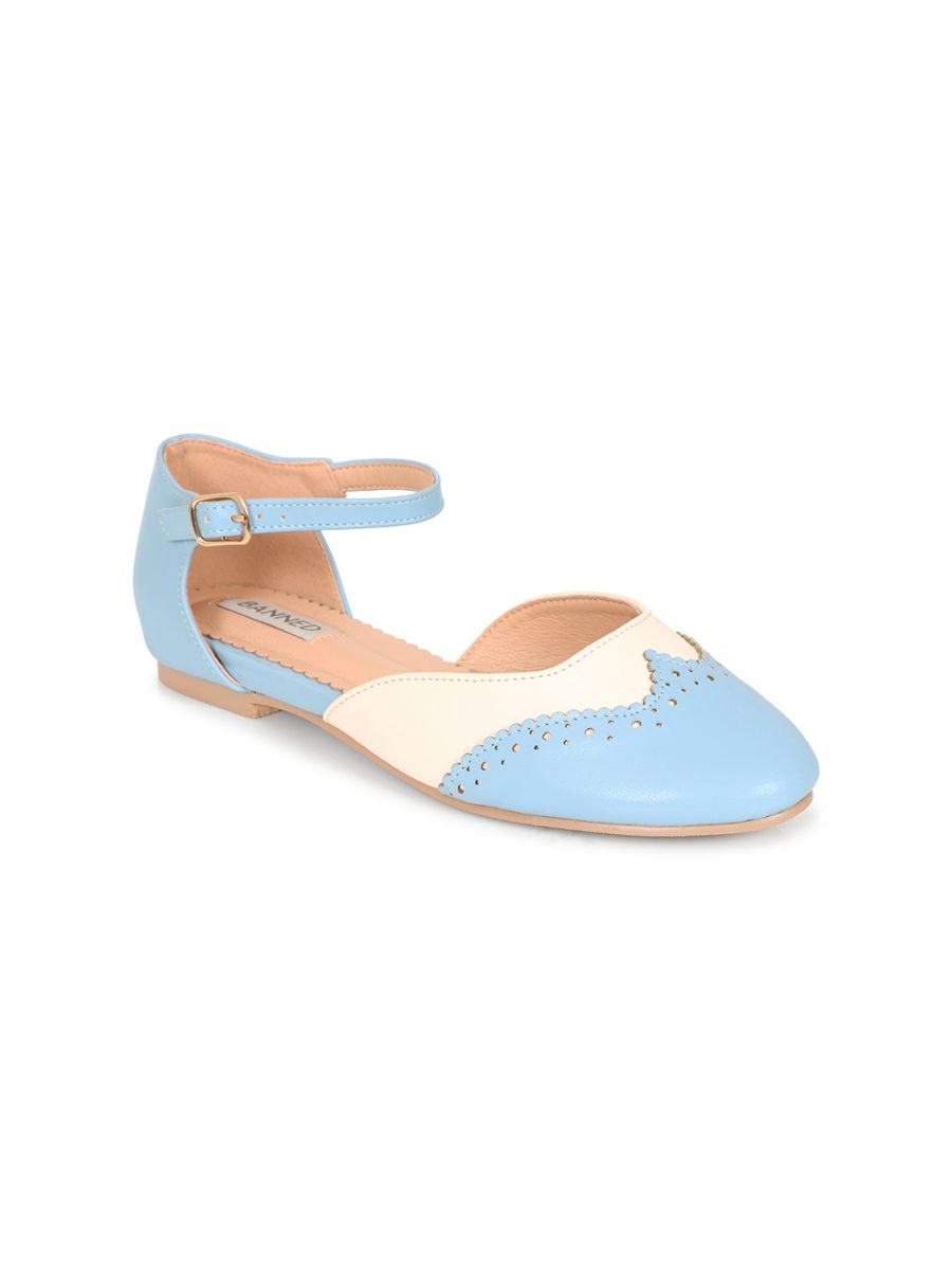 BANNED Retro Dapper Dancemates Flats Retro Two-Tone Brogue Sandals With Hidden Wedge & Ankle Strap-Light Blue