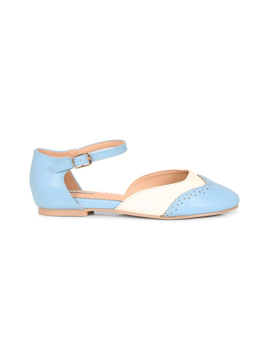 BANNED Retro Dapper Dancemates Flats Retro Two-Tone Brogue Sandals With Hidden Wedge & Ankle Strap-Light Blue