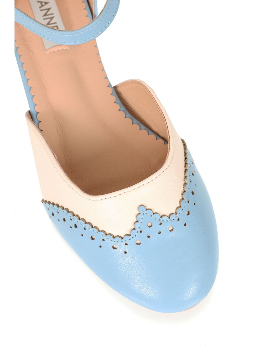 BANNED Retro Dapper Dancemates Flats Retro Two-Tone Brogue Sandals With Hidden Wedge & Ankle Strap-Light Blue