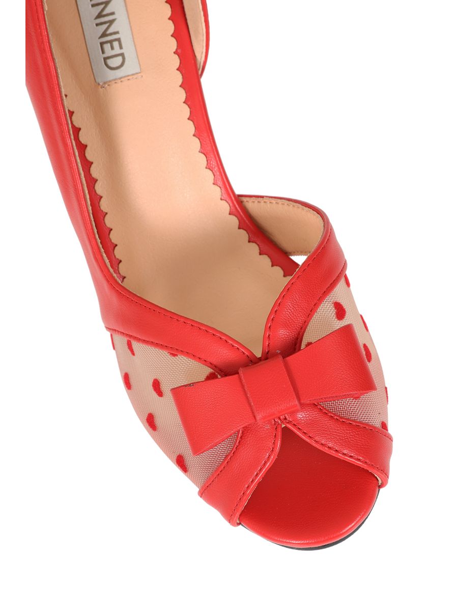BANNED RETRO Love From Kelly Lee Peep Toe Heels With Heart Mesh And Bow Detail-Red
