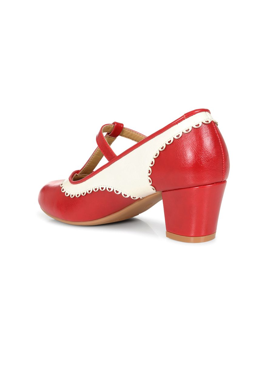 Vintage Voyager Banned Pumps - Retro-Inspired T-Strap Two-Tone Mary Janes With Distressed PU Upper-Red/White