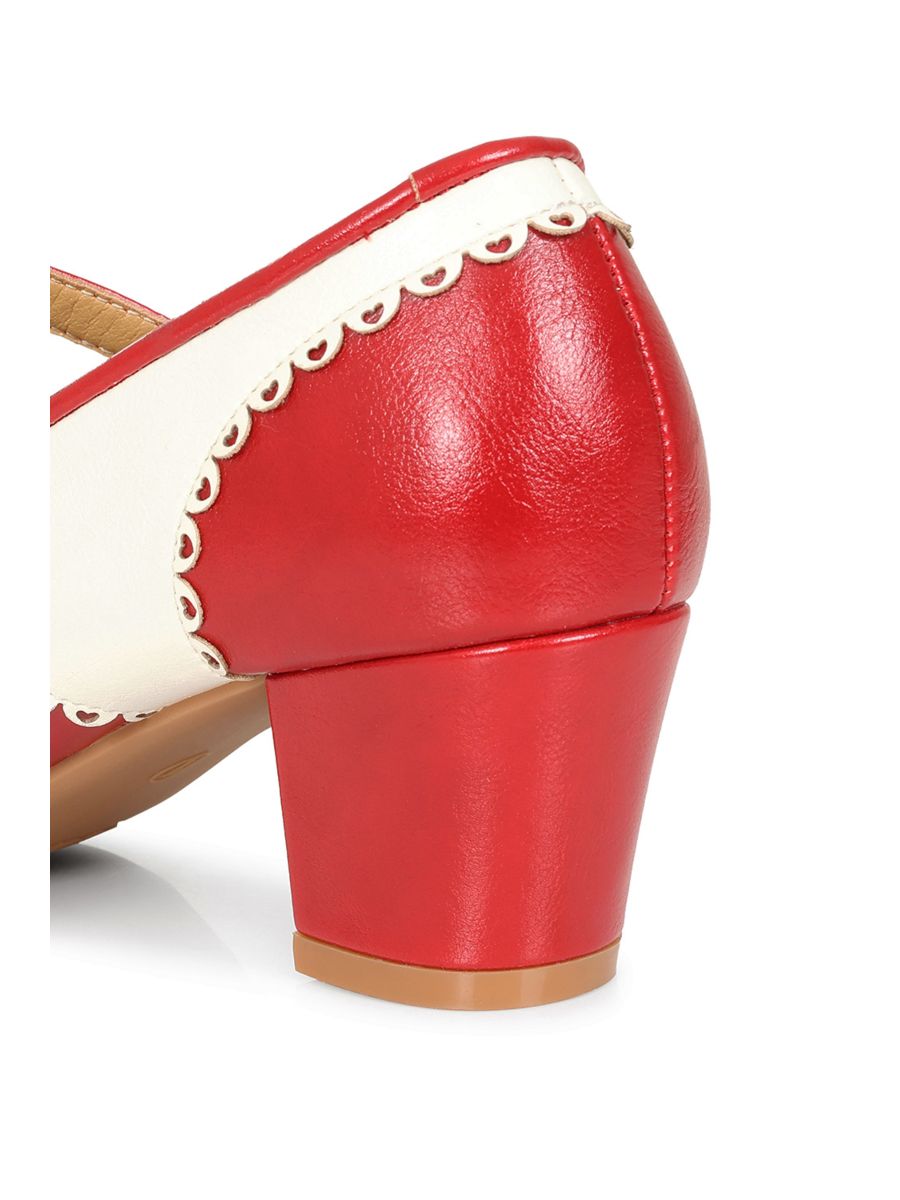 Vintage Voyager Banned Pumps - Retro-Inspired T-Strap Two-Tone Mary Janes With Distressed PU Upper-Red/White