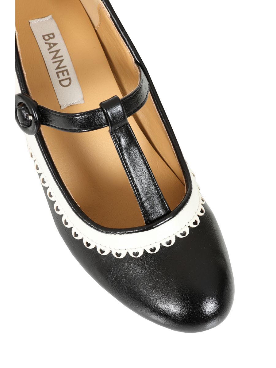Vintage Voyager Banned Pumps - Retro-Inspired T-Strap Two-Tone Mary Janes With Distressed PU Upper-Black/White