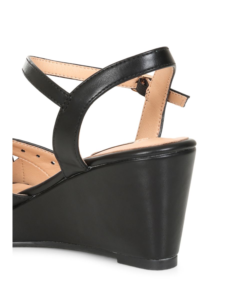 BANNED RETRO Sunny Daze Wedge 1940s-Inspired Cut-Out Peep Toe Sandals With Ankle Strap-Black