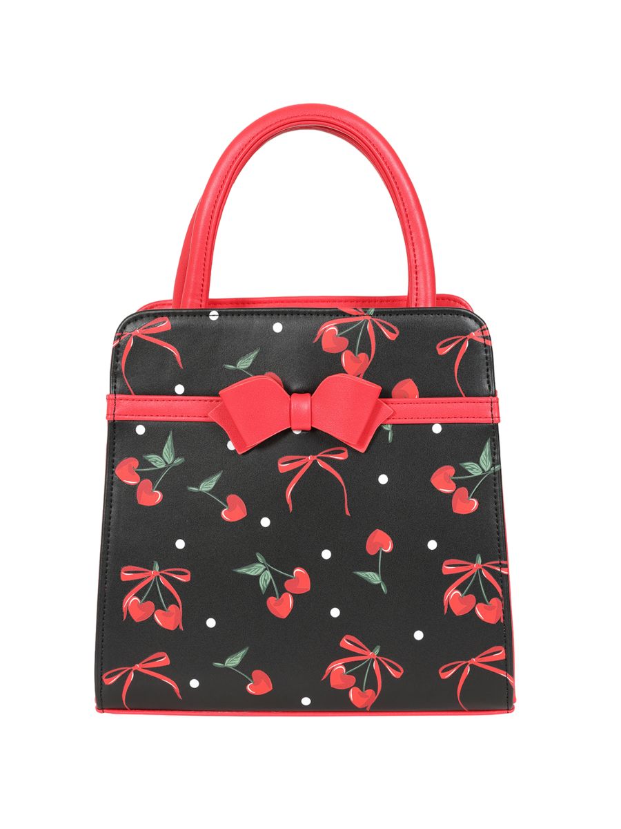 Banned Retro Cherry Bow Handbag   Rockabilly Style Bag with Sweetheart Details-Black