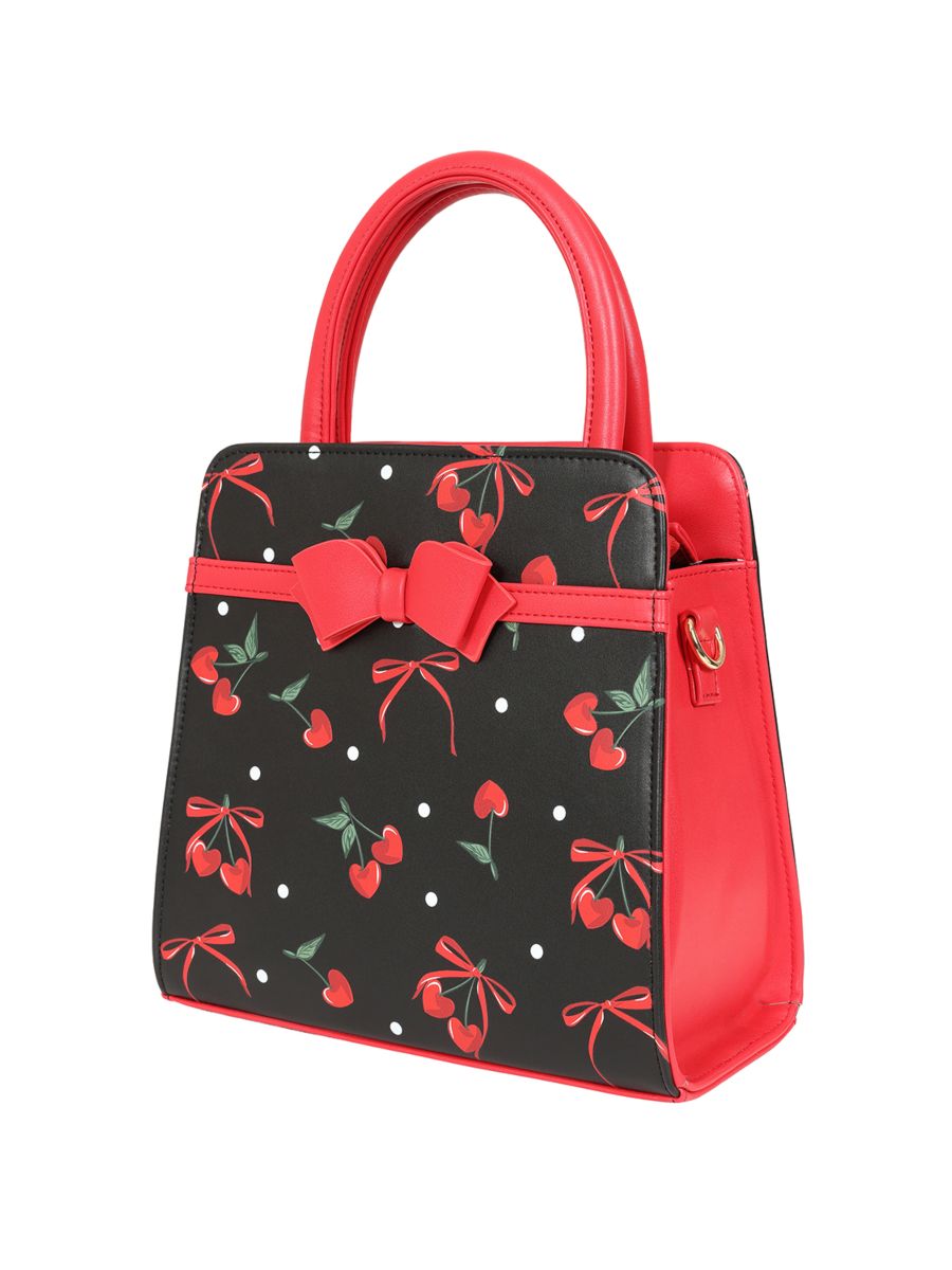 Banned Retro Cherry Bow Handbag   Rockabilly Style Bag with Sweetheart Details-Black