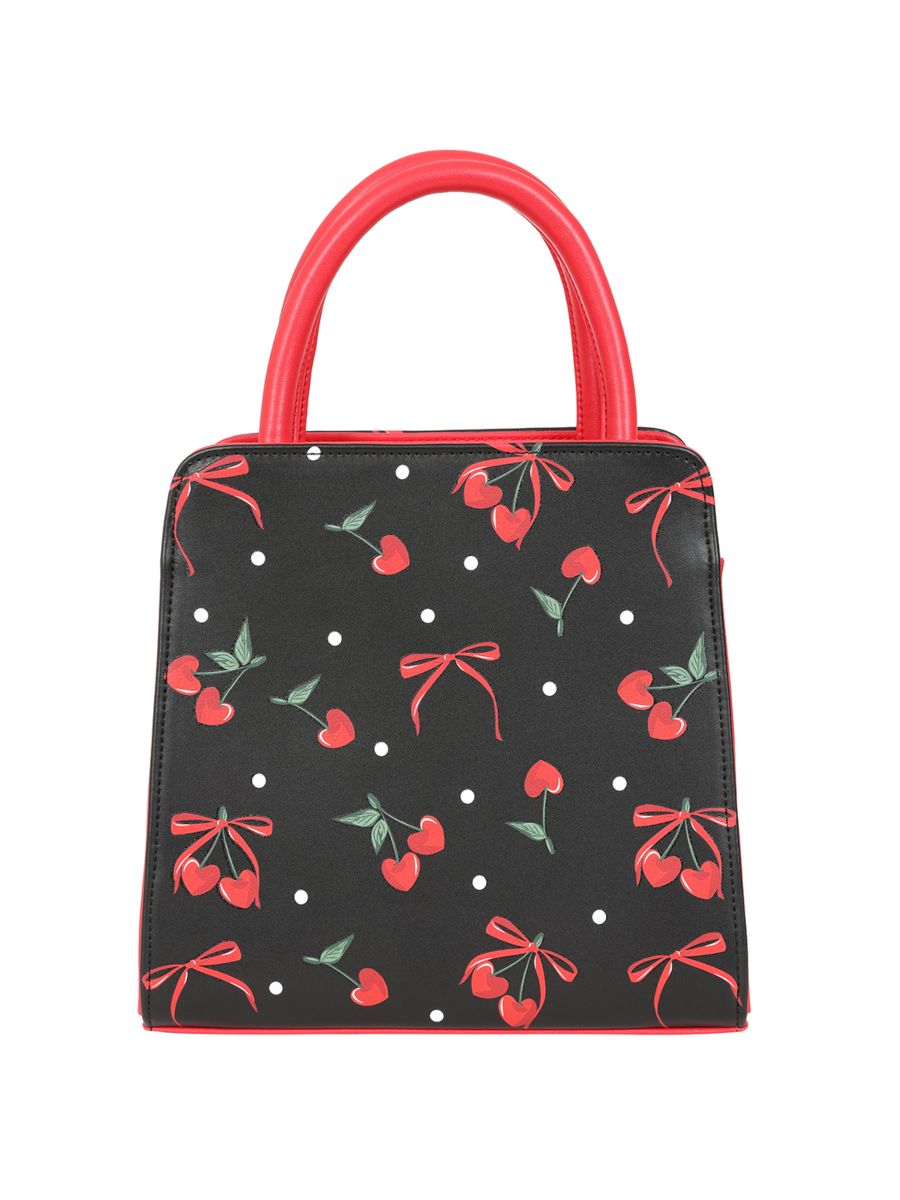 Banned Retro Cherry Bow Handbag   Rockabilly Style Bag with Sweetheart Details-Black