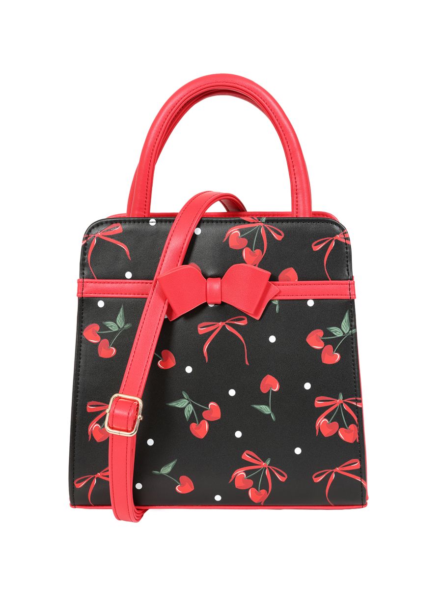 Banned Retro Cherry Bow Handbag   Rockabilly Style Bag with Sweetheart Details-Black