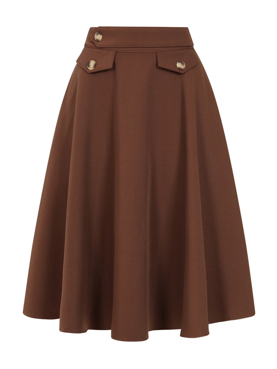 Banned Retro Book Club Swing Skirt with Button and faux flap pocket details-Brown