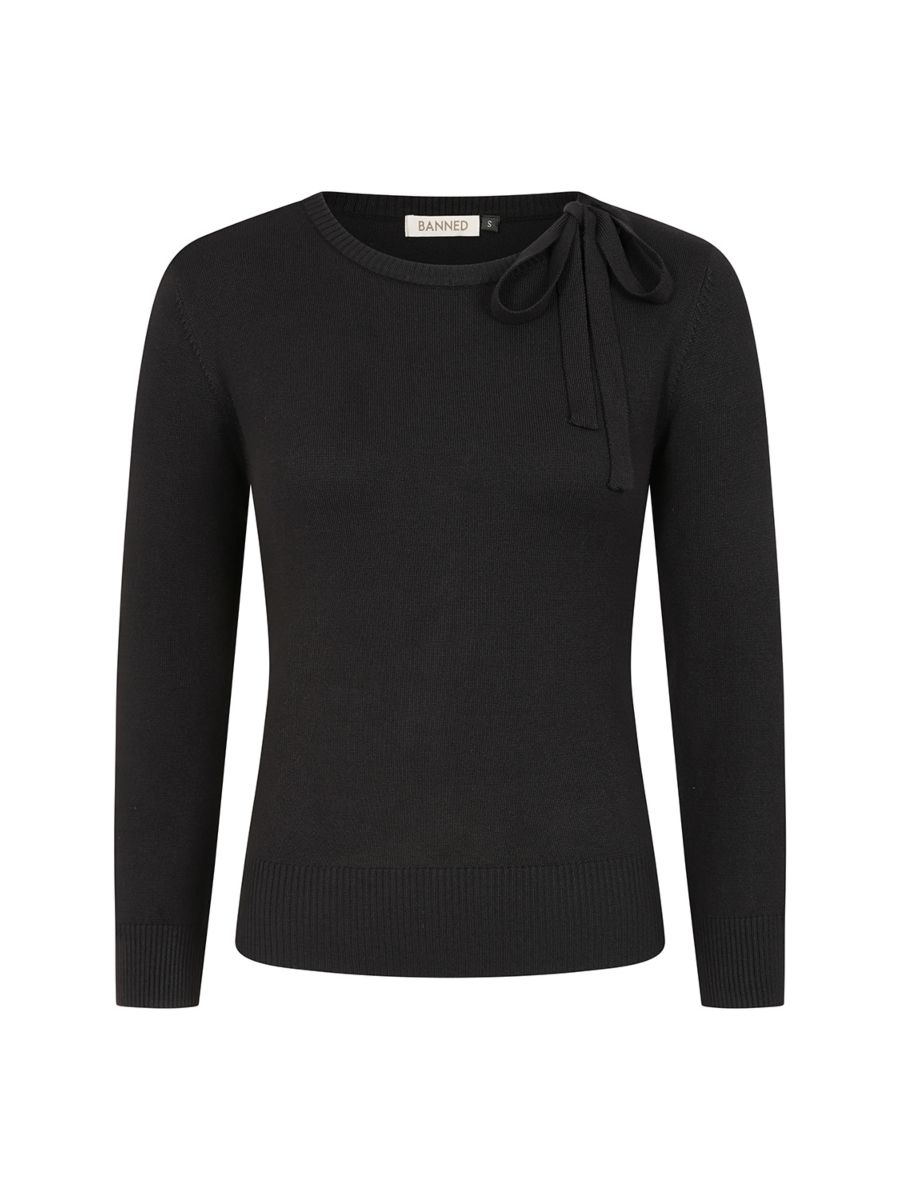 Banned Bella Bow Knit Jumper - 50s Style Keyhole Collar Sweater-Black