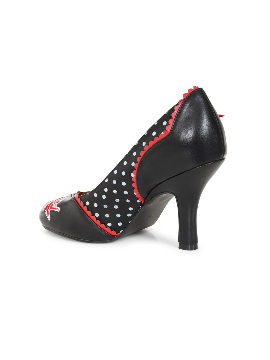 BANNED RETRO Viva Las Vegas Pumps Embroidered Rockabilly Heels With Swallow & Dice Detail-Black