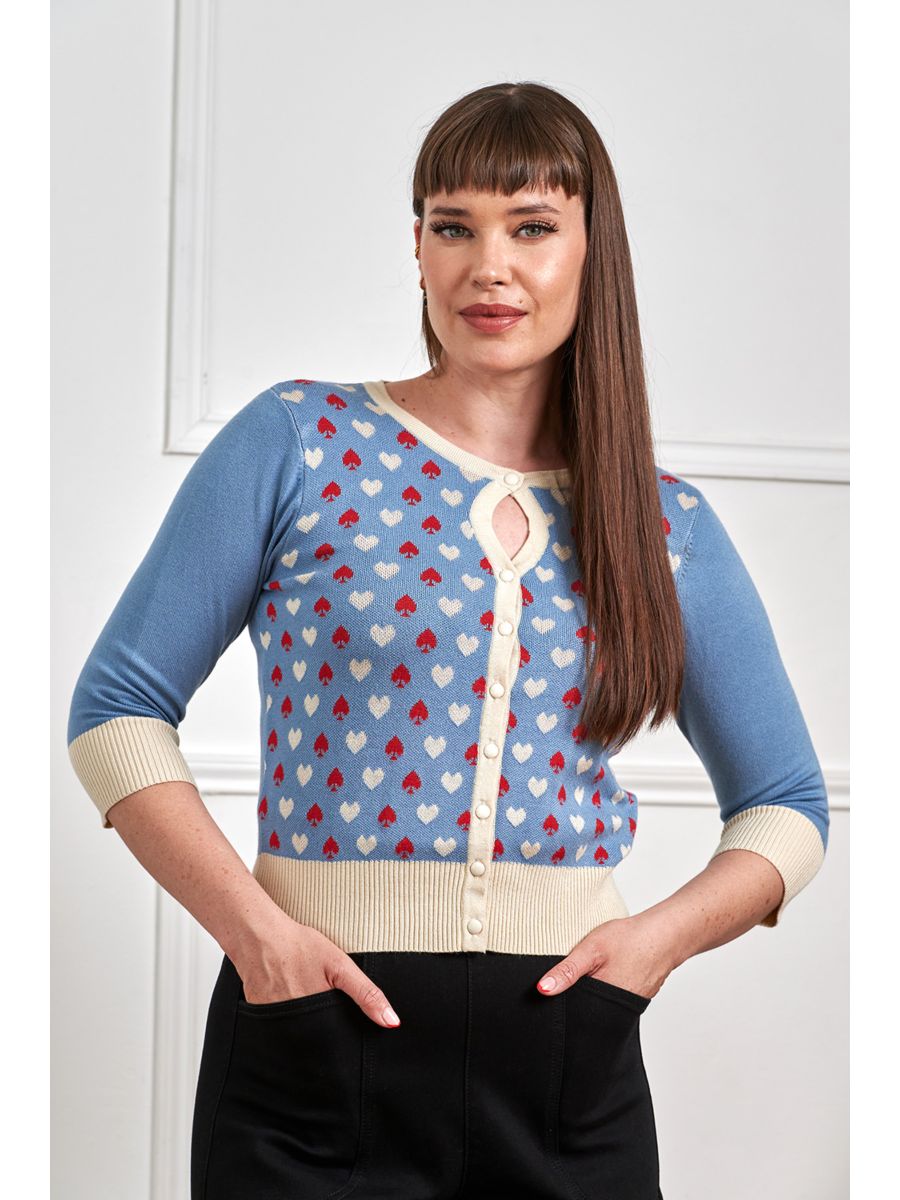 Banned Rockabilly Ruby Spade Knitted Cardigan-Teal Blue