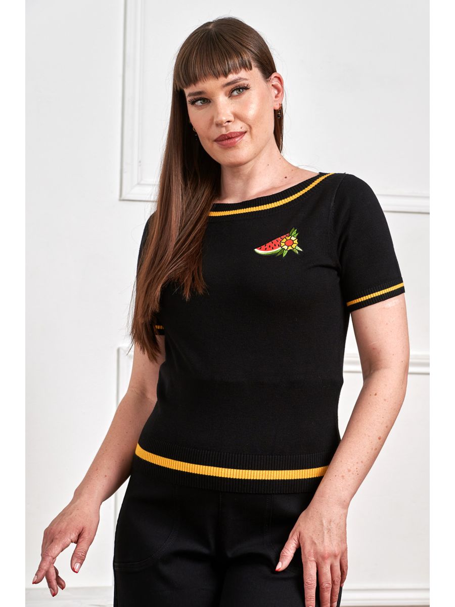 Banned Rockabilly Luna Summer Knitted Jumper With Watermelon Embroidery-Black
