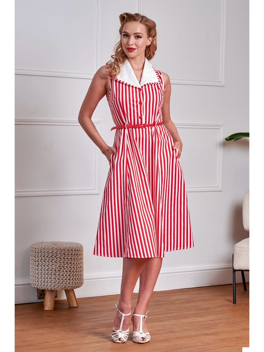 Banned Retro 50s Genevieve Swing Striped Dress-Red
