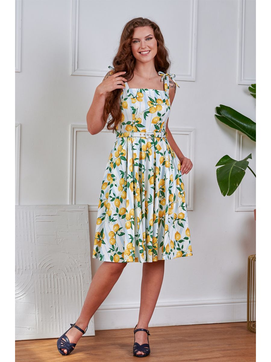 Banned Retro June Lemon And Stripes Swing Dress-Cream