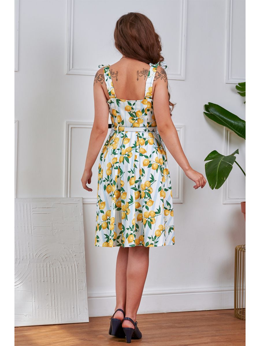 Banned Retro June Lemon And Stripes Swing Dress-Cream
