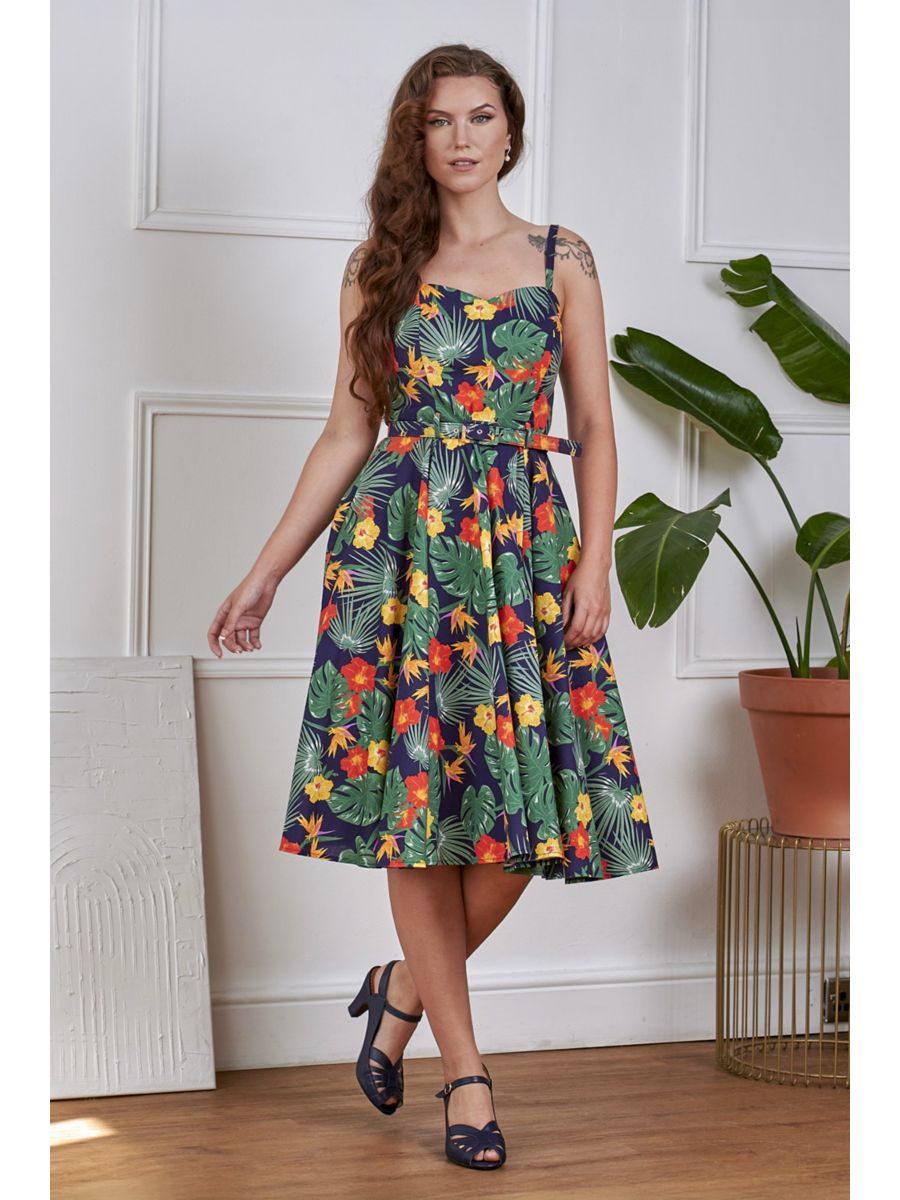 Banned Retro 50s Morena Tropical Summer Sarong Swing Dress-Navy