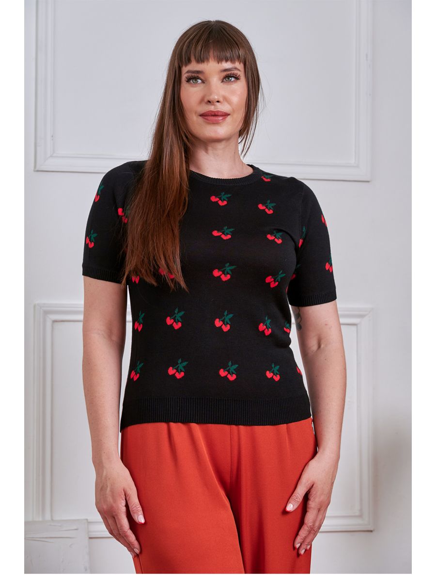 Banned Retro 50s Sonia Fair Isle Cherry Top-Black