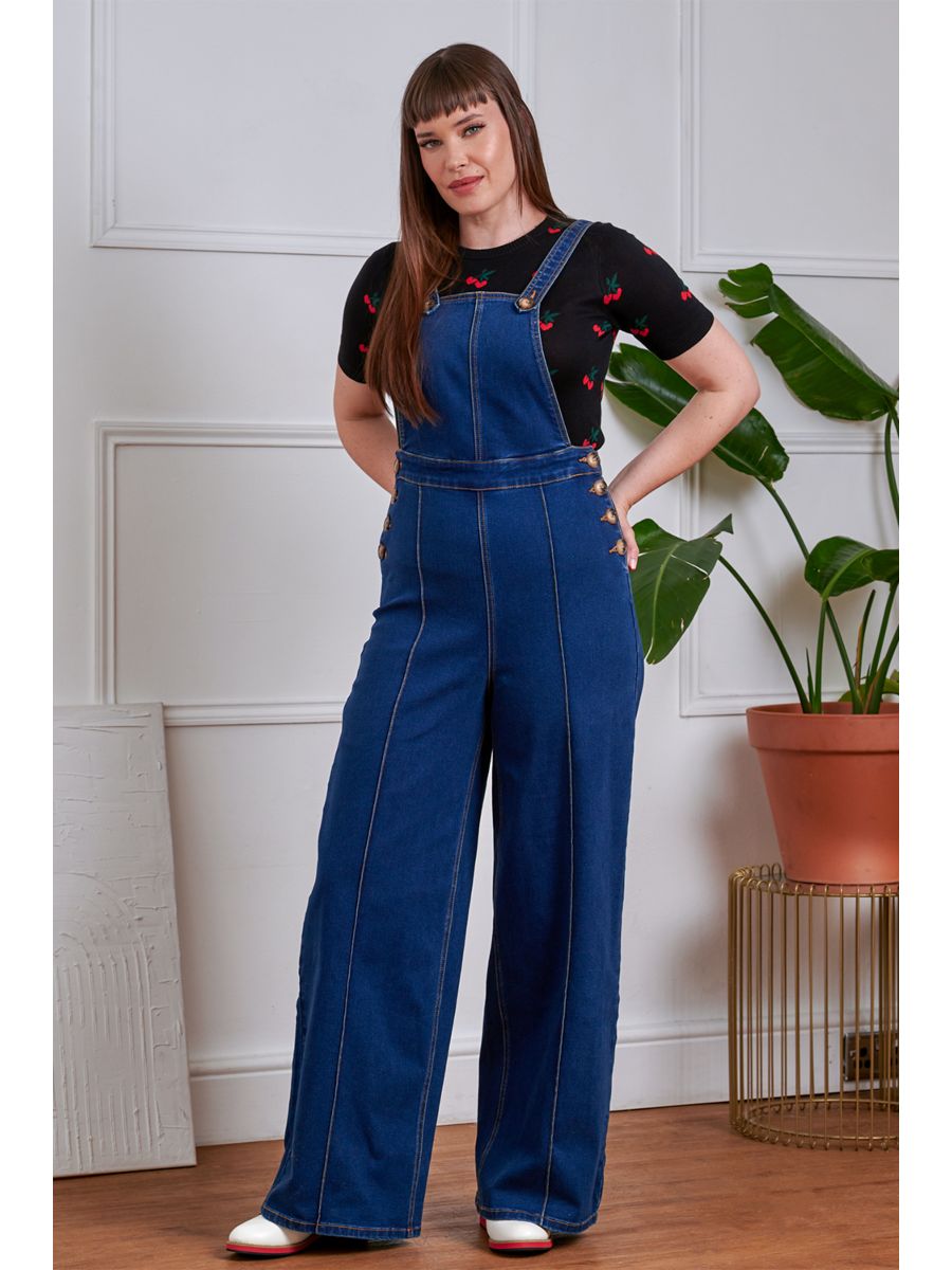 Banned Tamara Palazzo Dungarees - 40s Style Wide Leg Denim Overalls-Denim/Blue
