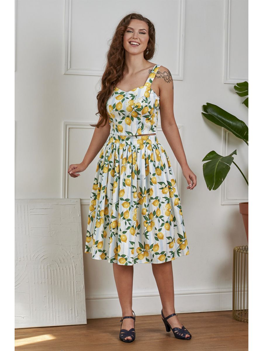 Banned Retro 50s Rosie Circle Lemon And Stripes Swing Skirt-Cream