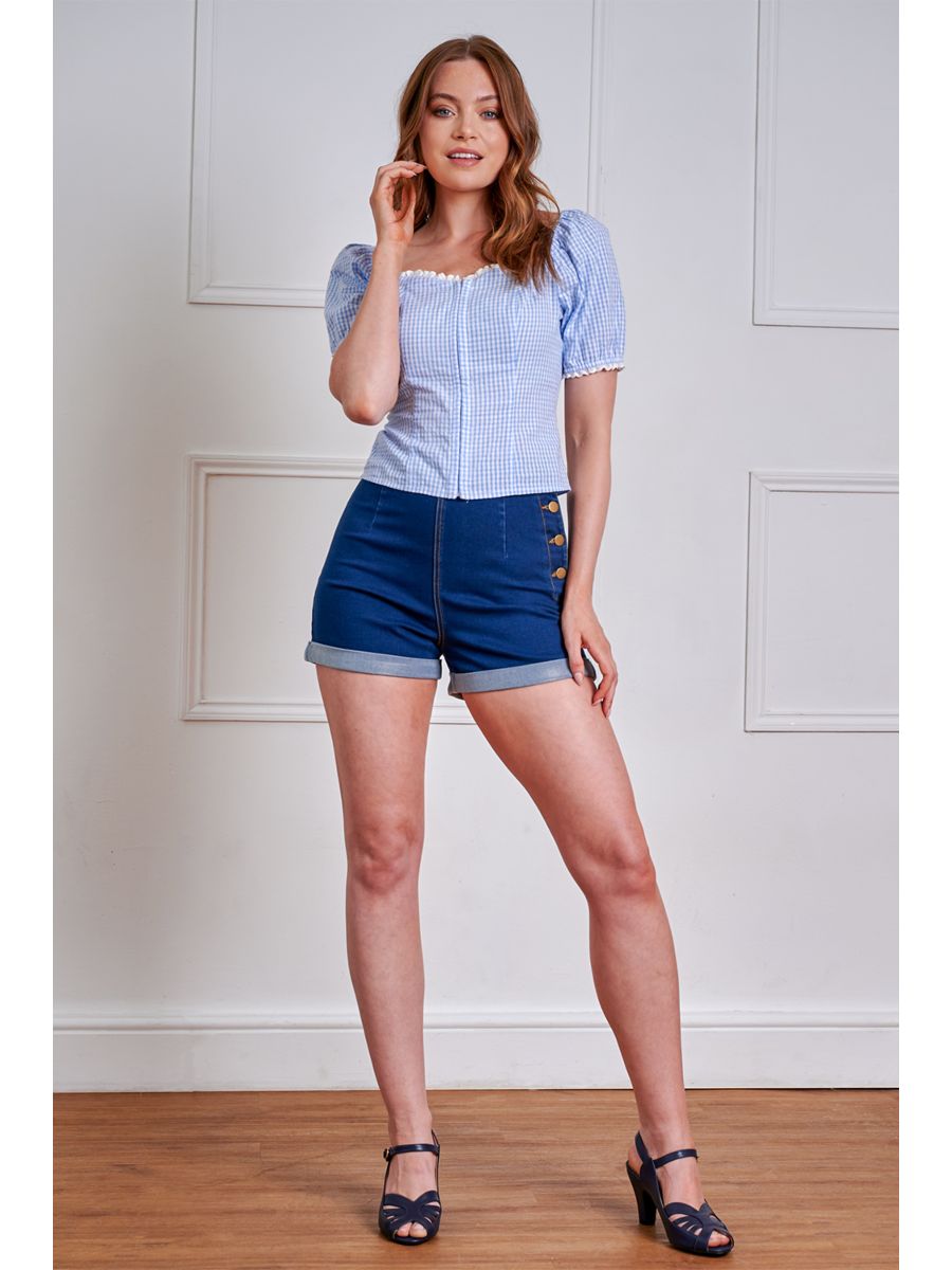 Banned Retro Coco Love Denim Shorts Heart Pockets-Denim/Blue