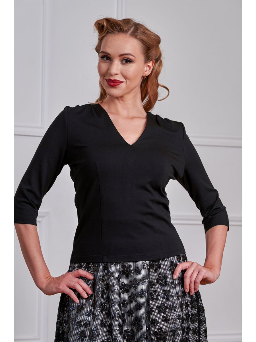 Banned Gilda Jersey Top - 50s Style Gathered Shoulder V-Neck-Black