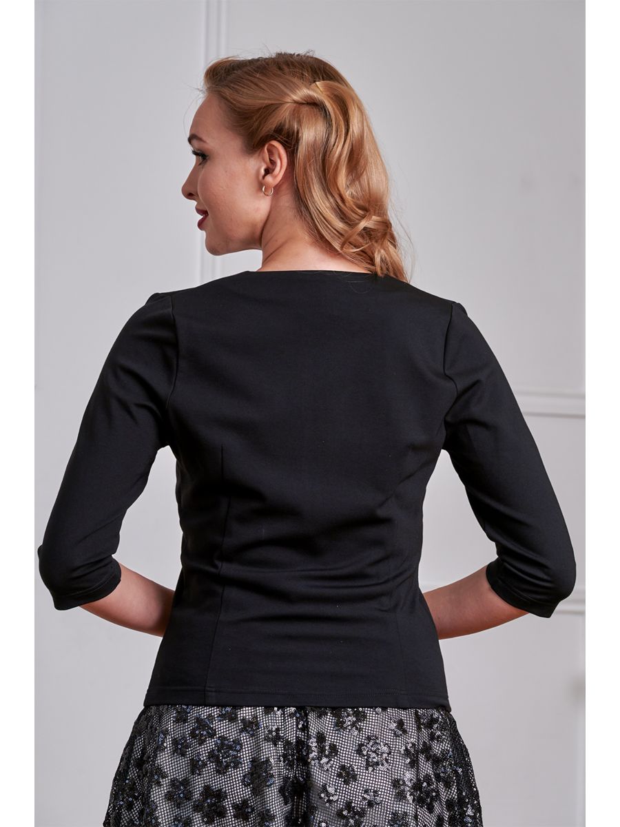 Banned Gilda Jersey Top - 50s Style Gathered Shoulder V-Neck-Black