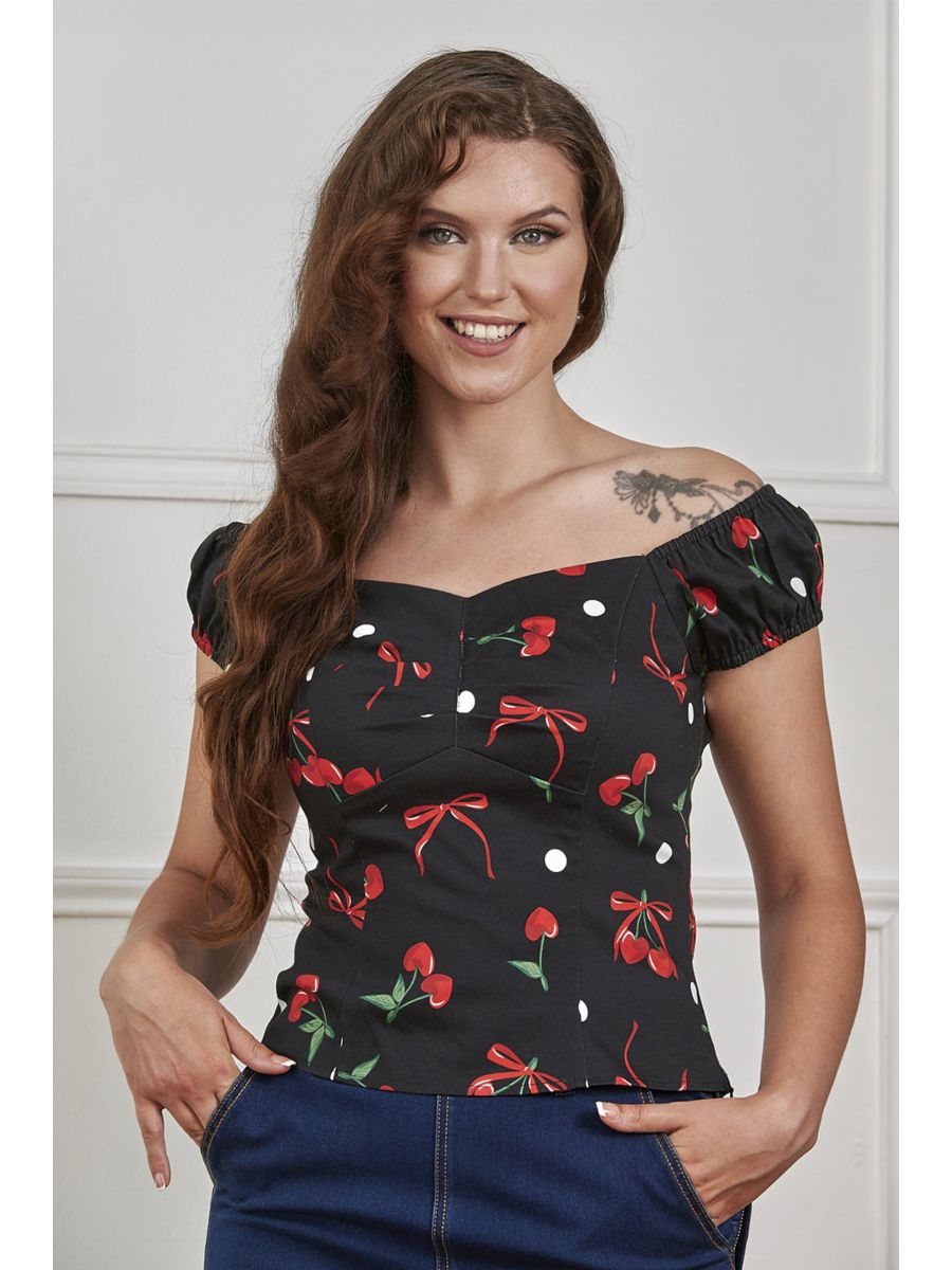 Banned Retro 50s Babe Cherries And Bows Top-Black