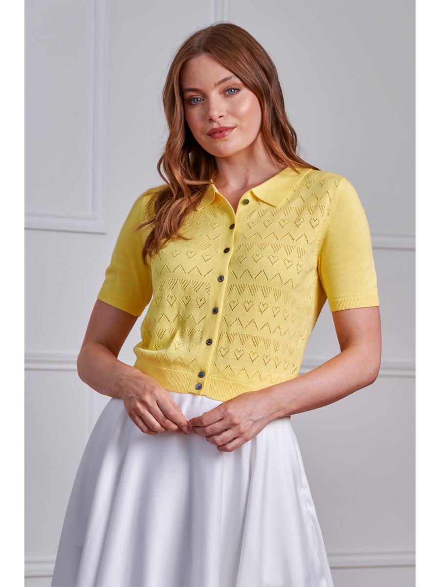 Banned Retro 50s Hearts Waves Cardigan-Yellow