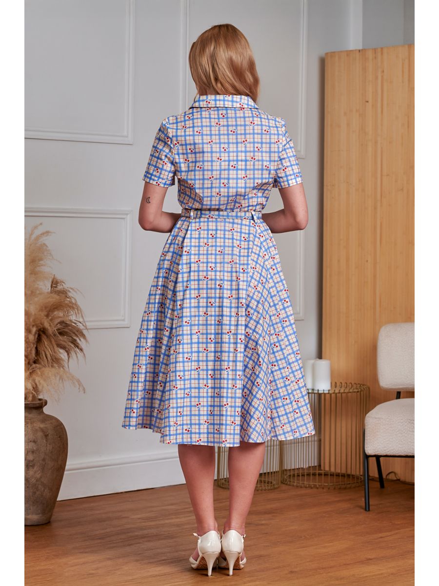 Banned Retro 50s Bella Cherry Check Swing Full Circle Dress-Blue