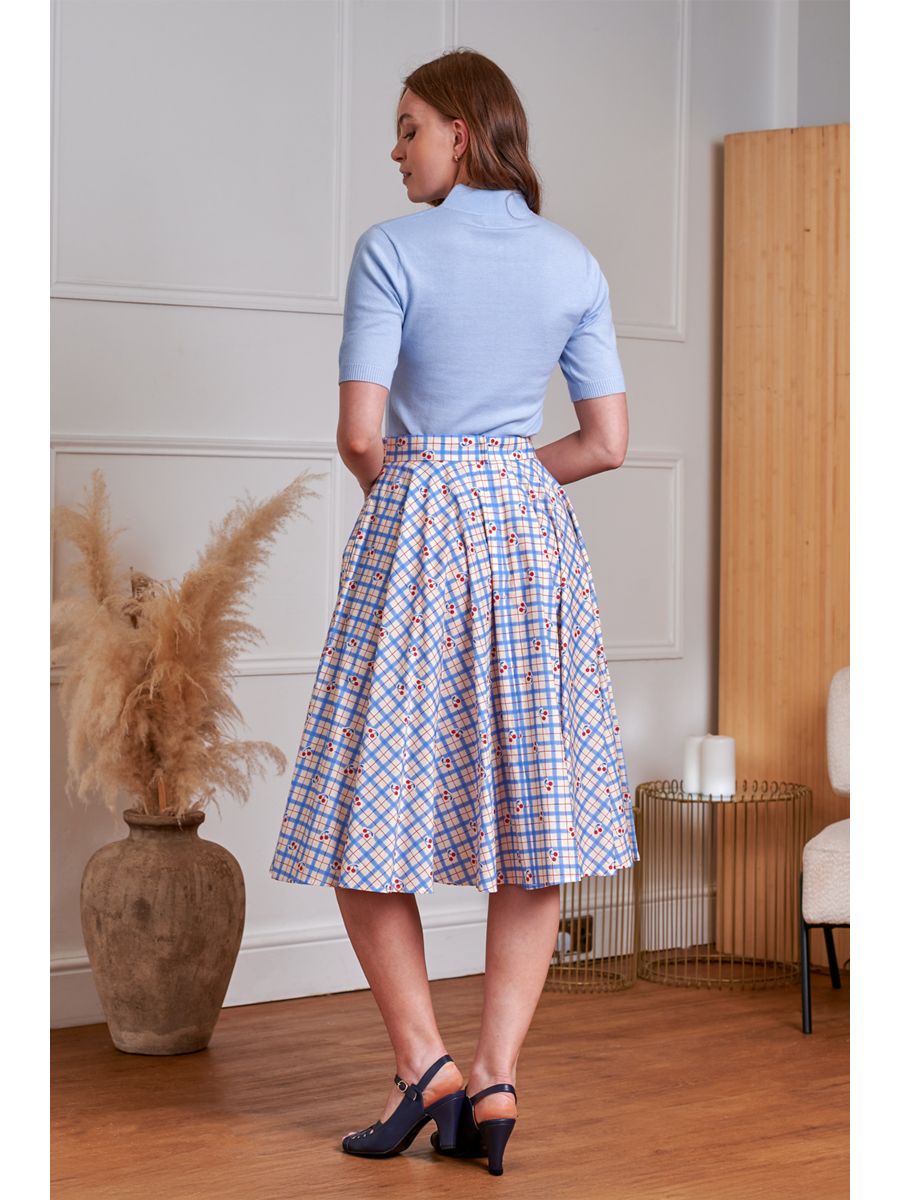 1950's Banned Retro Annie Cherry Check Skirt-Blue