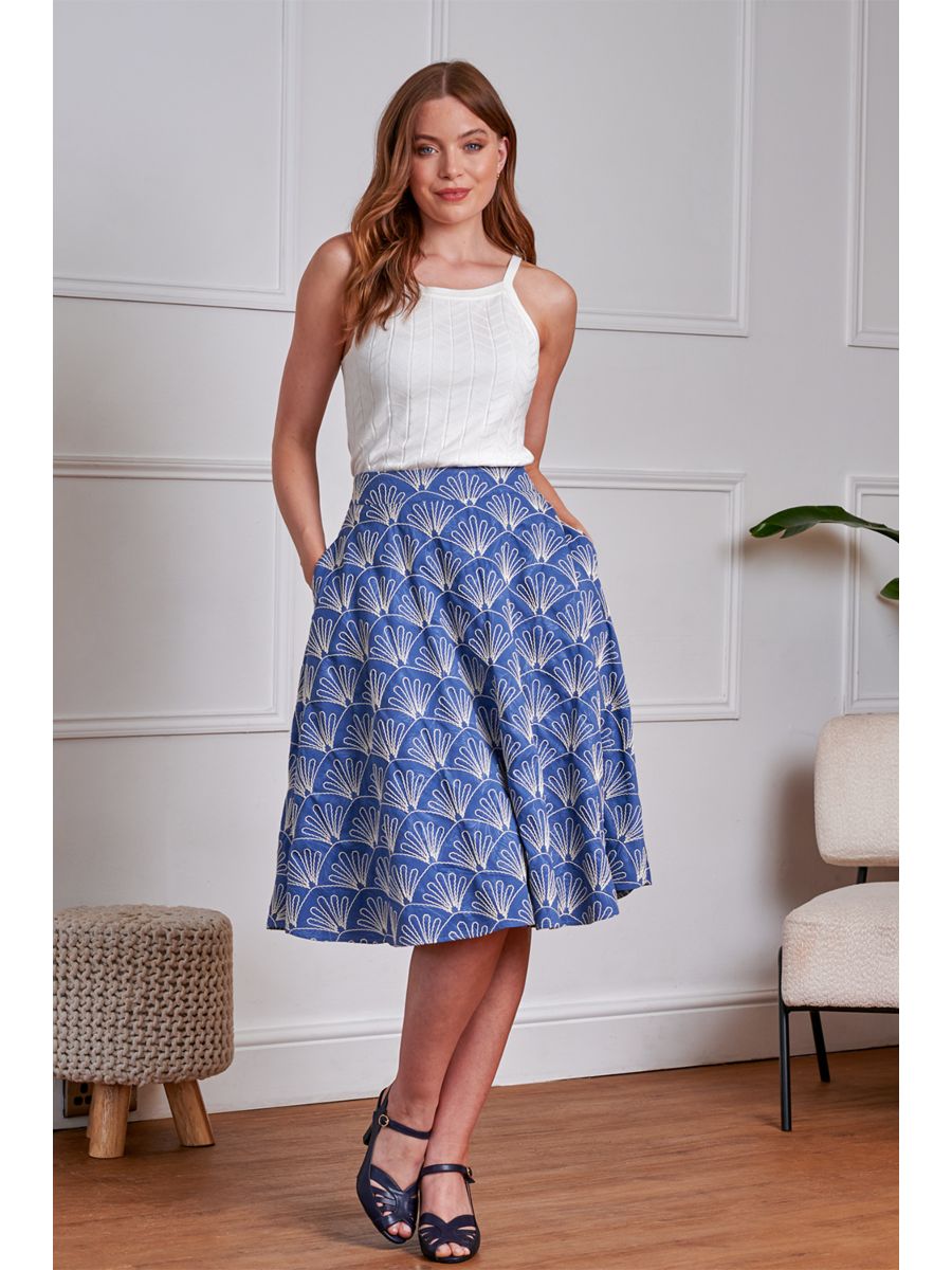 1950's Banned Retro Annie Sea Shell Skirt-Blue