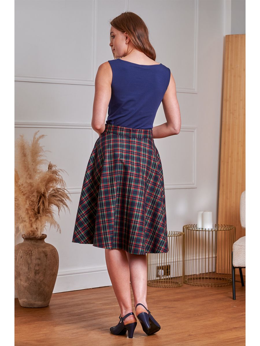 BANNED RETRO BOOK CLUB PLAID Swing Skirt With Button And Flap Details.-Navy